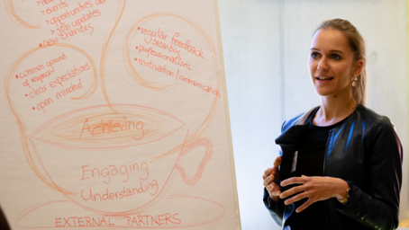 female student explains the contents of a flipchart