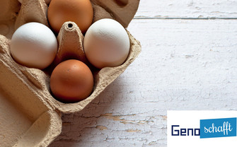 Eier in der Verpackung mit "Geno schafft"-Logo
