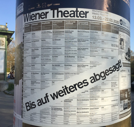 Veranstaltungskalender Wiener Theater März 2020, wegen Corona Banner darüber, dass alle Veranstaltungen abgesagt sind