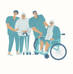 4 illustrierte Personen, 2 Pflegekräfte, 2 Personen, die Pflege benötigen
