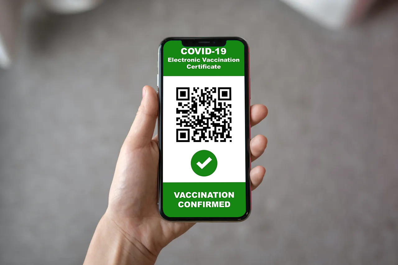Hand, die ein Smartphone mit einer geöffneten Covid App hält