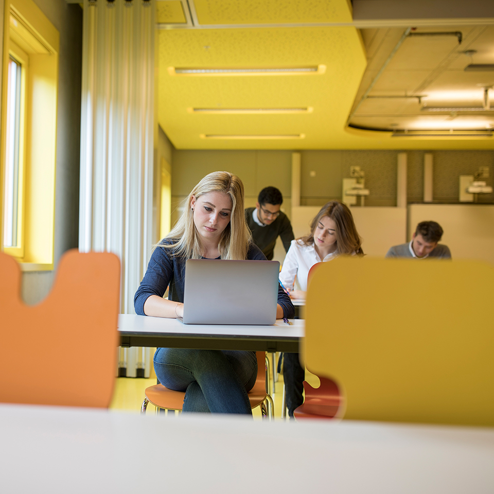 Eine Studentin lernt mit ihrem Notebook in einer Lernzone im Gebäude D3