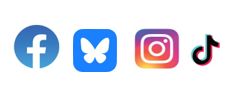 Logos von Socio Media-Kanälen: Facebook, Bluesky, Instagram, TikTok