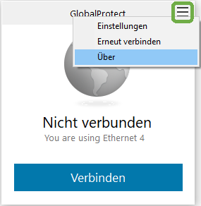 [Translate to English:] GlobalProtect-Client: Menüpunkt "Über"