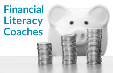 Picture representing Financial Literacy Coaches with a piggy bank and 3 coin stacks